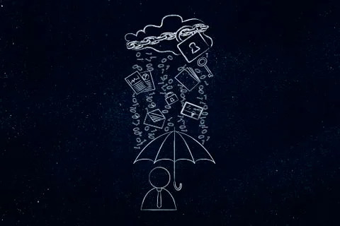 User with umbrella under binary code rain, data breach protection Stock Illustration