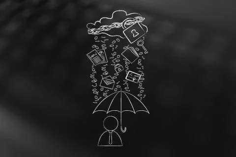 User with umbrella under binary code rain, data breach protection 스톡 일러스트