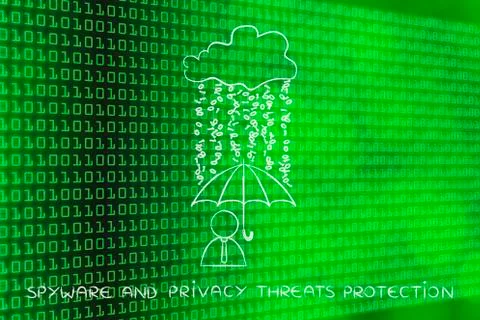 User with umbrella under binary code rain, data breach protection Illustrazione stock