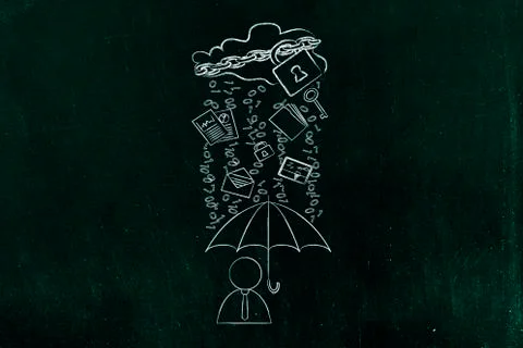 User with umbrella under binary code rain, data breach protection Stock Illustration