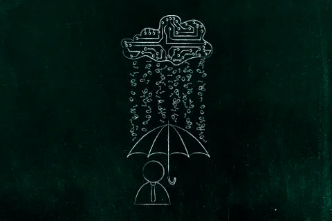 User with umbrella under binary code rain, data breach protection Illustrazione stock