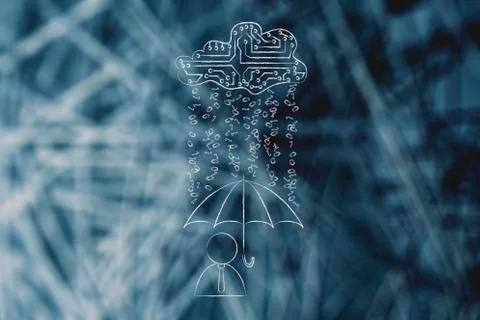 User with umbrella under binary code rain, data breach protection Illustrazione stock