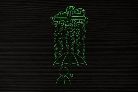User with umbrella under binary code rain, data breach protection Stockillustratie