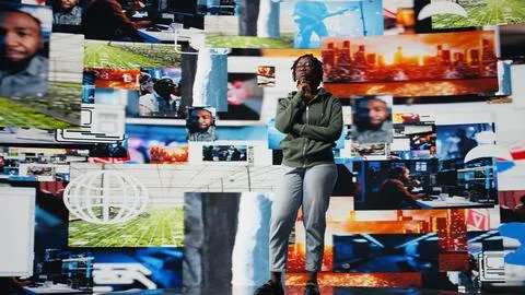 User uses multimedia videowall to look at internet video channels Stock Photos