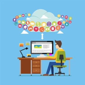 User using online applications or cloud application. Cloud computing. Interne Stock Illustration