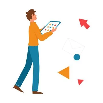 User using tablet, geometric shapes and email, arrows on screen Stockillustratie