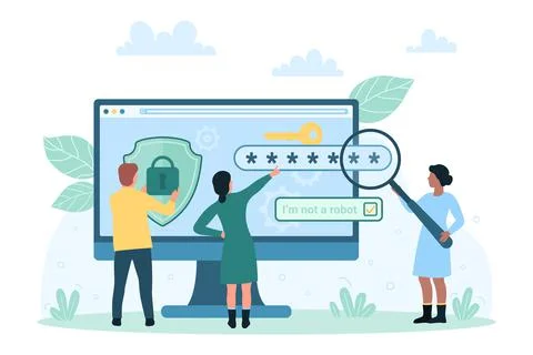 User verification after registration or authorization, tiny people verify access Illustrazione stock