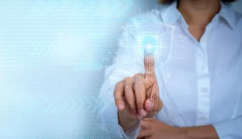 User verifying identity with fingerprint biometric on digital interface. Se.. Stock Photos