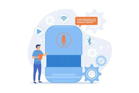 User with voice controlled smart speaker or voice assistant. Voice activate.. Stock Illustration