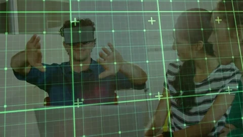 User in VR headset calibrating, testing tech UI while green grid HUD guiding Stock Footage 334182975