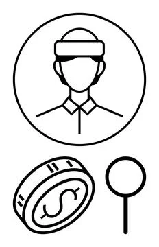 User with VR headset in circular frame, coin with dollar sign, magnifying gla Stock Illustration