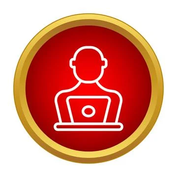 User working on laptop inside red gold button イラスト素材
