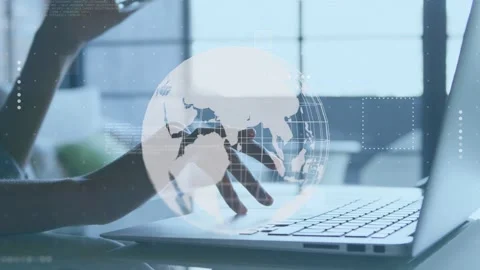 User working, placing hand on keys, typing, holding glass, resuming as tech HUD Stock Footage 335316661