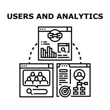 Users and analytics evaluating digital marketing strategies and online data Illustrazione stock