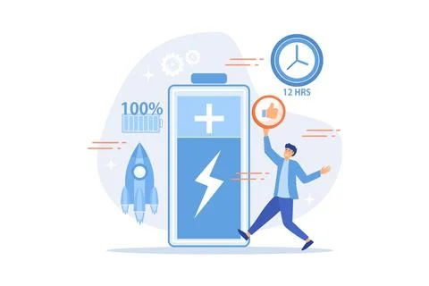 Users and battery performance and longevity with charge indicator and time... Illustrazione stock