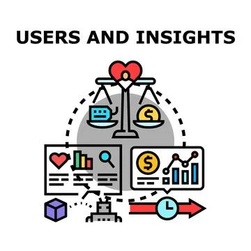 Users and insights data analysis balancing value Stock Illustration