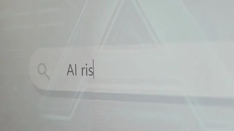 Users engage with a search bar, typing queries related to AI risks and Stockbeeldmateriaal 337551835