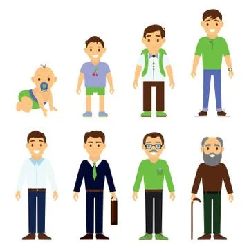 Users generation at different ages. Man, aging - baby, child, teenager, young Stock Illustration