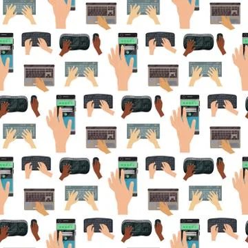 Users hands on keyboard computer seamless pattern background touch gestures Stock Illustration