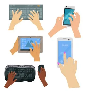 Users hands on keyboard computer touch gestures technology internet work swipe Stock Illustration