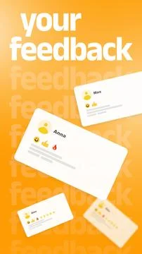 Users share feedback on a vibrant orange background with text and comment cards Stock Photos