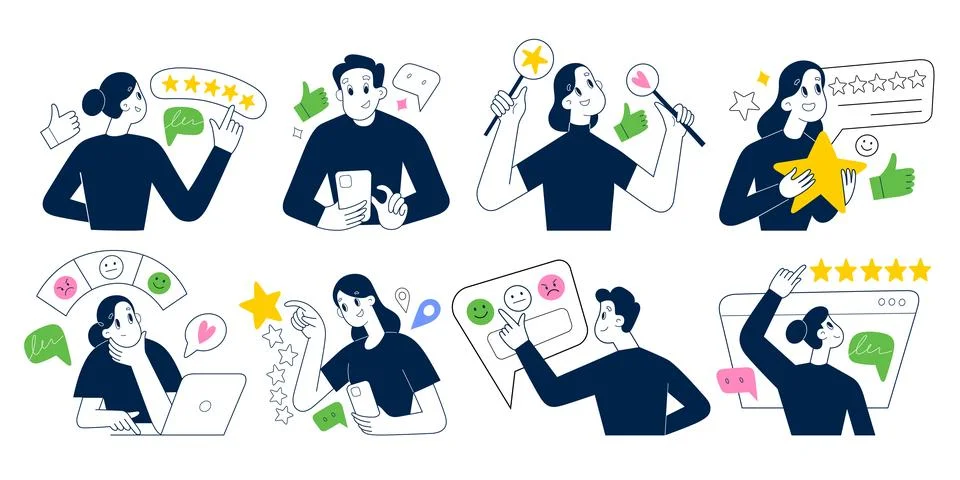 Users write good or bad review on social media, online survey, positive and Stock Illustration