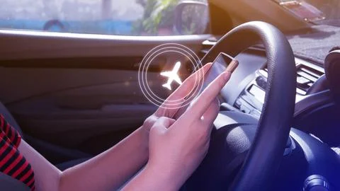 Uses touching to select flight by pressing touch screen airplane button on .. Stock Photos