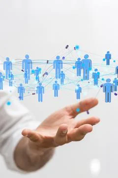 Using a 3D rendering data network with his fingers on isolated white backgrou Stock Photos