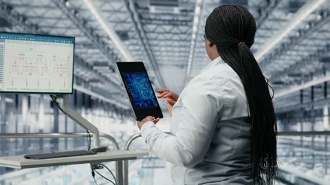 Using AI deep learning, EDA software and woman monitoring PCB smart factory Stock Footage 333384643