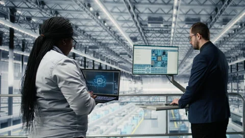Using AI, microchip innovative technology and woman with colleague Stock Footage 333380770