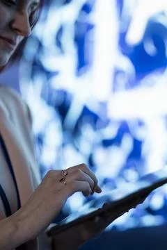 Using AI model, tablet closeup and computer scientist solving tasks Stock Photos