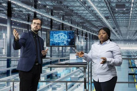 Using AI software, machinery sensors and man with coworker in microchip factory 写真素材
