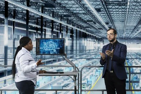 Using AI software, semiconductors and man with coworker in smart factory Stock Photos