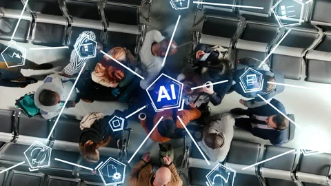 Using AI technology, airport operational logistics and tourists, VFX compositing Stock Footage 334935095