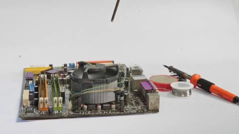 Using air compressor cleaning the computer mainboard. Stock Footage 172306320