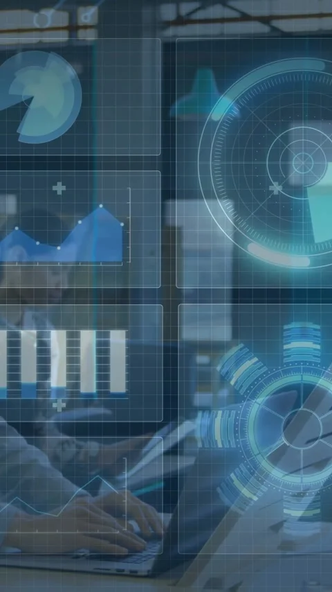 Using animation, business professionals analyzing futuristic data graphics in Stock Footage 319055849