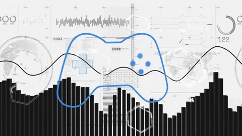 Using animation, game controller overlaying data charts in digital school Vídeo Stock 305010098