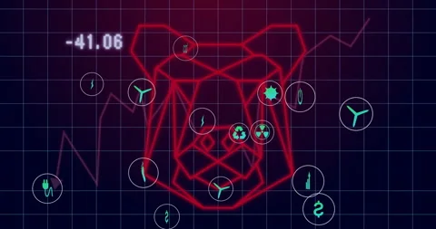 Using animation, geometric bear outline with eco-friendly icons on grid Stock Footage 303419850