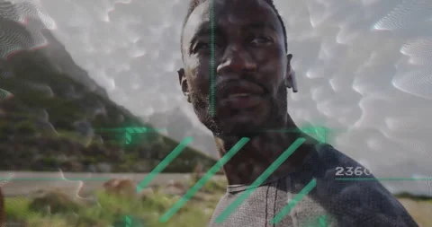 Using animation, man interacting with digital interface elements outside Stock Footage 305519184