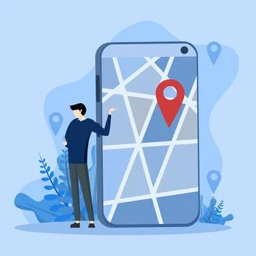 Using application for map and destination,Finding location via phone. Stock Illustration