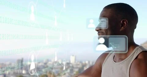 Using AR panels, man in gray tank controlling avatars, binary stream over city Foto stock