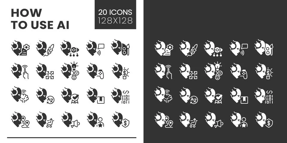 Using artificial intelligence big linear glyph icons set for dark, light mode Illustrazione stock