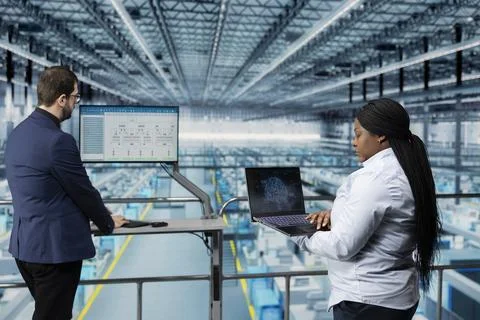 Using artificial intelligence, microchip and smart factory workers Stock Photos
