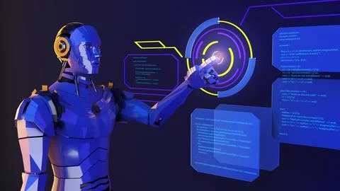 Using artificial intelligence robots to access technology and control syste.. Illustrazione stock