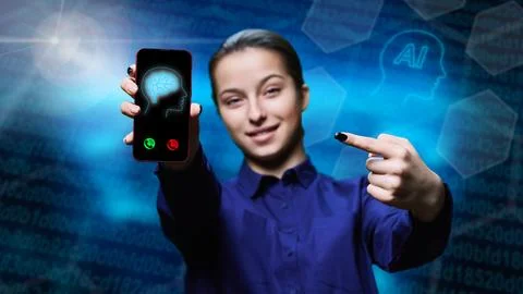 Using artificial intelligence in smartphone, young female showing phone screen Stock Photos