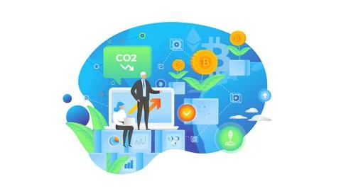 Using blockchain and crypto currency industry to build green business and 库存插图