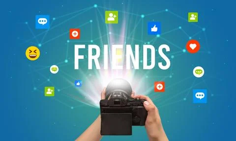 Using camera to capture social media content 스톡 사진