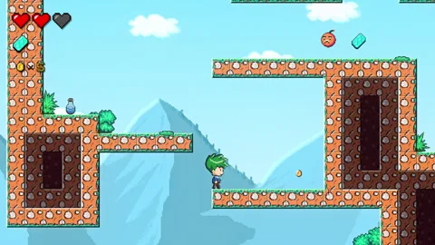 Using the cartoon character to collect items in the platformer retro video game Vídeo Stock 305929764