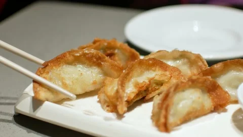 Using chopstick pick up  gyoza - fried wonton from the plate Stock Footage 203721918