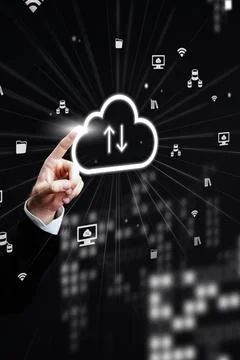 Using cloud technology for data upload and download in a modern office setting Stock Photos
